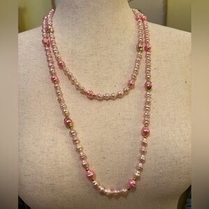 Vintage Hong Kong Pink and Gold Long Pearl Necklace EUC